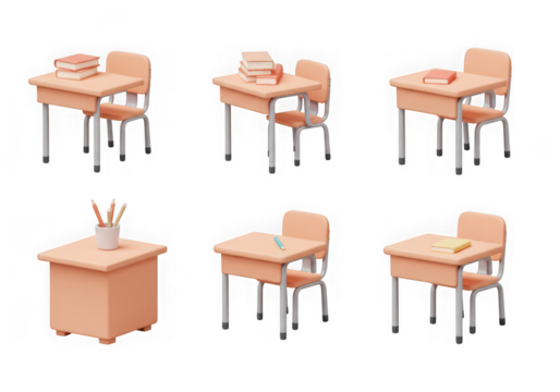 Assortment of 3d rendered wooden school desks and chairs with books and stationery, isolated on transparent background