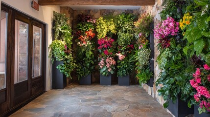 A lush vertical garden with colorful flowers and green plants decorating a stone wall entryway with a flagstone floor.