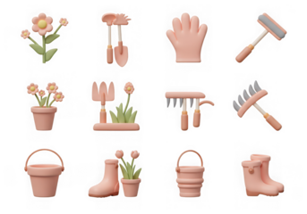 Set of 3d cartoon gardening tools and elements including flowers, pots, gloves, and boots, isolated on transparent background