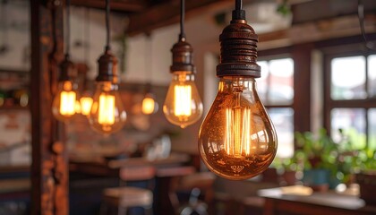 Warm, inviting interior showcasing a cluster of vintage Edison-style light bulbs hanging from the ceiling.