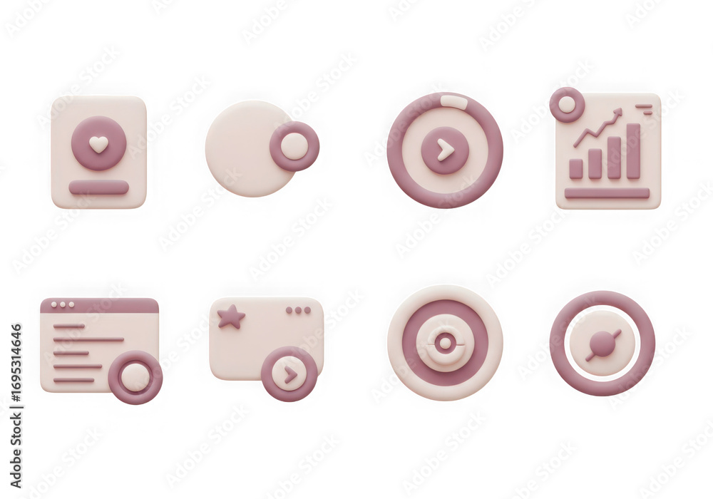Poster assortment of 3d icons for business and finance, including charts and progress indicators, isolated 