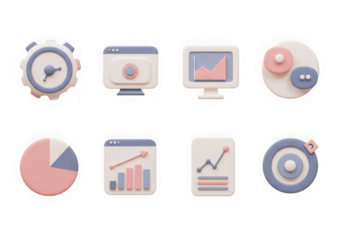 Collection of 3d icons representing data analysis, finance, and business growth, isolated on transparent background