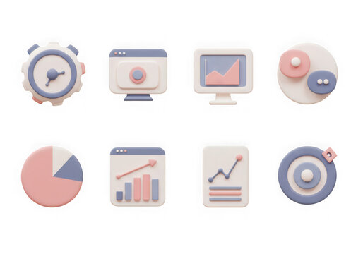 Collection of 3d icons representing data analysis, finance, and business growth, isolated on transparent background