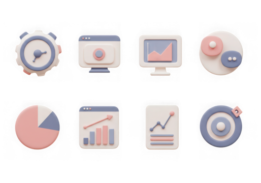 Collection of 3d icons representing data analysis, finance, and business growth, isolated on transparent background