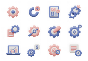 Assortment of 3d icons for business analytics, project management, and financial planning, isolated on transparent background