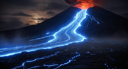 Dramatic volcanic eruption unleashes glowing blue lava flow under a cloudy night sky with crescent moon