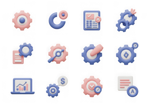 Assortment of 3d icons for business analytics, project management, and financial planning, isolated on transparent background