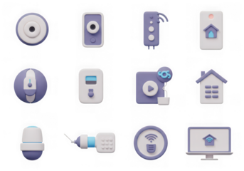 Assortment of 3d icons related to smart home automation and control, isolated on transparent background