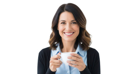 Portrait of smiling woman drinking coffee break at work professional headshot business casual attire on transparent background