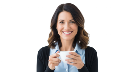 Portrait of smiling woman drinking coffee break at work professional headshot business casual attire on transparent background