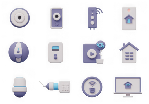 Assortment of 3d icons related to smart home automation and control, isolated on transparent background
