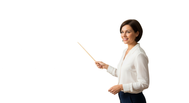 Professional woman presenting with pointer stick teaching education presentation training seminar business on transparent background