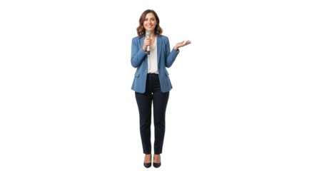 Confident woman public speaking giving presentation with microphone on black background isolated image on transparent background