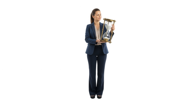 Businesswoman holding hourglass time management concept productivity and deadline isolated on black background on transparent background