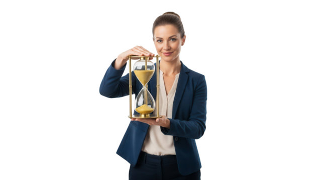 Business woman holding hourglass time management concept deadline project planning efficiency productivity 100 on transparent background
