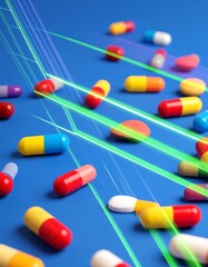 Colorful pills on a blue surface with laser lines
