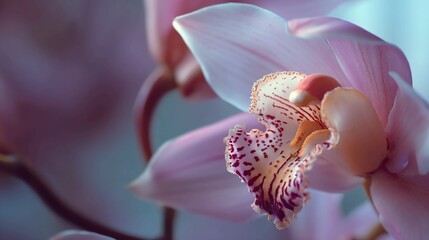 Close-up of a delicate pink orchid with intricate patterns on its petals.