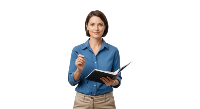 Business woman writing notes in notebook isolated on black background professional woman taking notes on transparent background