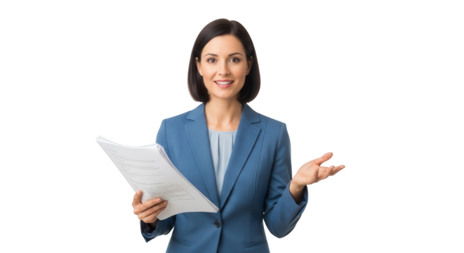 Businesswoman presenting documents professional woman in suit holding papers presentation concept image on transparent background