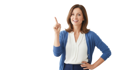 Woman pointing upwards business presentation idea solution advice professional expert guidance concept on transparent background