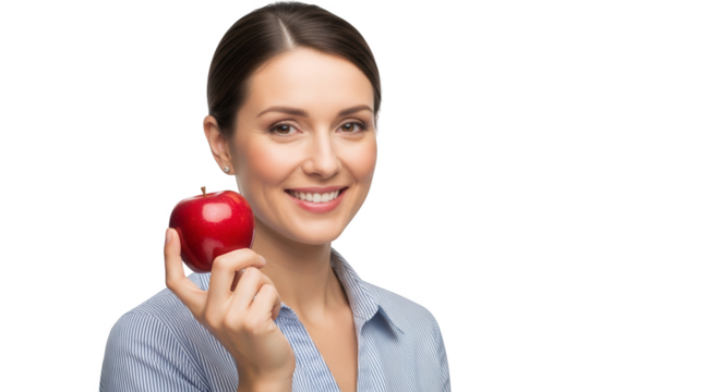 Woman holding red apple healthy eating fruit diet nutrition wellness lifestyle isolated black background on transparent background