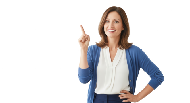 Woman pointing upwards business presentation idea solution advice professional expert guidance concept on transparent background