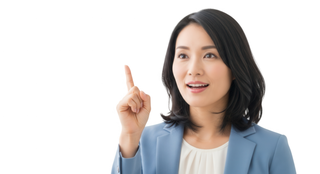 Business woman pointing up idea concept asian professional female presentation advice solution tips 100 on transparent background