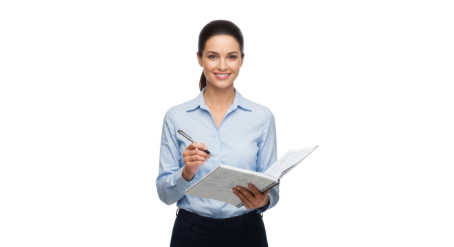 Stock photo of smiling businesswoman writing in notebook with pen in office professional portrait 100 on transparent background