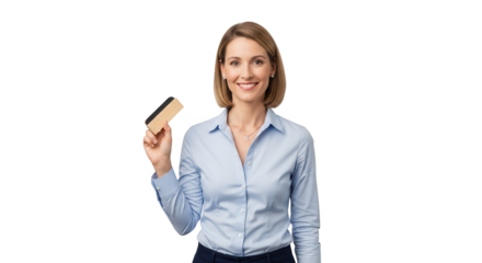 Professional woman holding eraser for whiteboard cleaning in office presentation teaching concept on transparent background