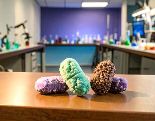 Colorful pill-shaped models on lab desk