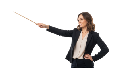 Stock photo of woman presenting with pointer stick in business suit on black background for professional use on transparent background