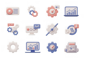 3d icons representing data analysis, gears, and computer screens with charts, isolated on transparent background