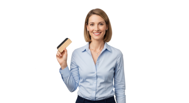 Professional woman holding eraser for whiteboard cleaning in office presentation teaching concept on transparent background