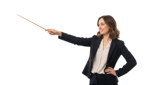 Stock photo of woman presenting with pointer stick in business suit on black background for professional use on transparent background
