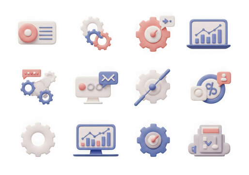 3d icons representing data analysis, gears, and computer screens with charts, isolated on transparent background