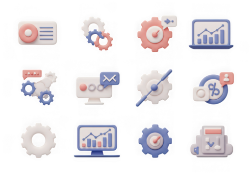 3d icons representing data analysis, gears, and computer screens with charts, isolated on transparent background