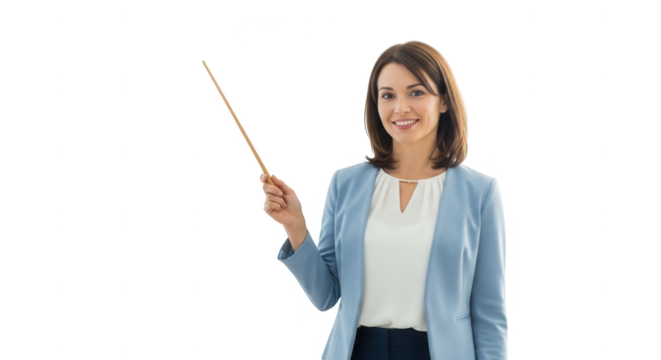 Professional woman presenting with pointer stick in business presentation training or teaching concept on transparent background