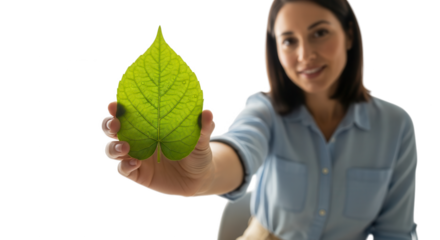 Woman holding leaf promoting environmental awareness and sustainable living for a greener future now today on transparent background
