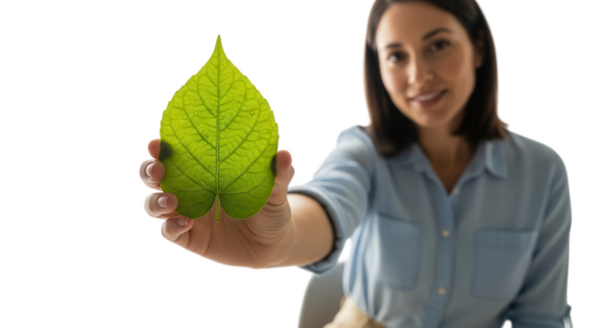 Woman holding leaf promoting environmental awareness and sustainable living for a greener future now today on transparent background