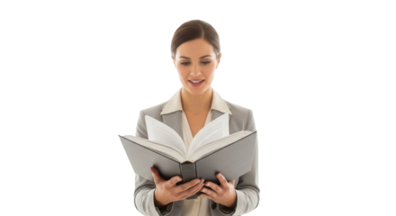 Professional woman reading book in office setting for business report and career development concept on transparent background