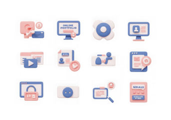 Assortment of 3d pastel icons for online portfolios, digital services, and web applications, isolated on a transparent background