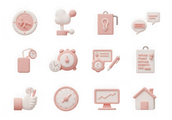 Collection of pastel pink and white 3d icons representing business, finance, and time management, isolated on transparent background