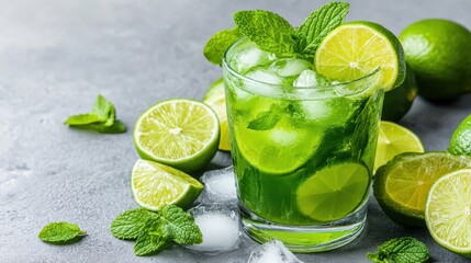 Fototapeta premium Refreshing Mint and Lime Cocktail with Ice in a Stylish Glass