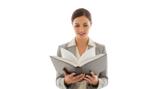Professional woman reading book in office setting for business report and career development concept on transparent background