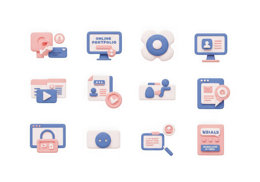 Assortment of 3d pastel icons for online portfolios, digital services, and web applications, isolated on a transparent background