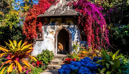 Enchanting Garden Retreat: A Stone Structure Embraced by Vibrant Flora in Springtime