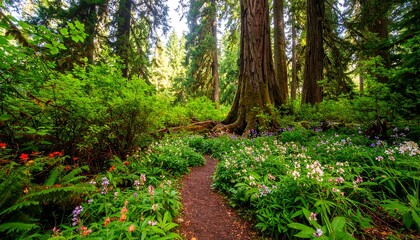 Enchanting Forest Path with Wildflowers and Towering Trees in a Lush Landscape