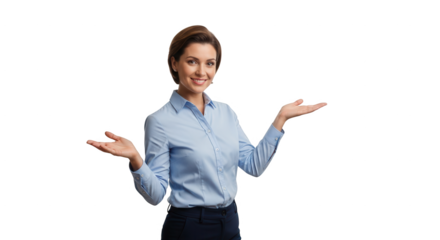 Professional woman presenting product or service with open hands on black background for marketing use on transparent background