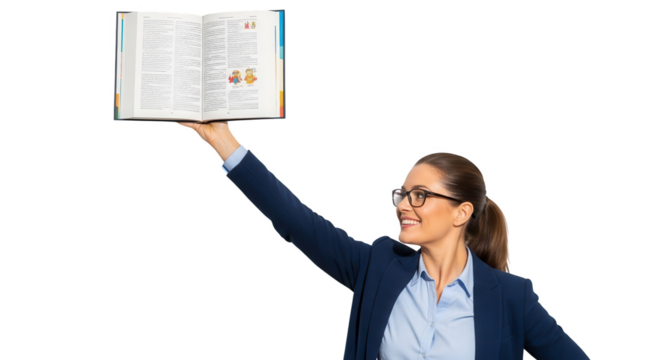 Woman holding dictionary for education and learning concept knowledge and reference guide study aid resource on transparent background