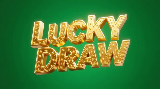 Golden "Lucky Draw" text illuminated with bright lights on a vibrant green background, symbolizing chance and opportunity.